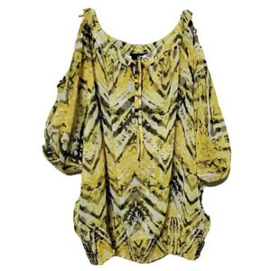 Iz Beyer Blouse Yellow Black Plus Size 1X Womens Career Sheer Cold Shoulder